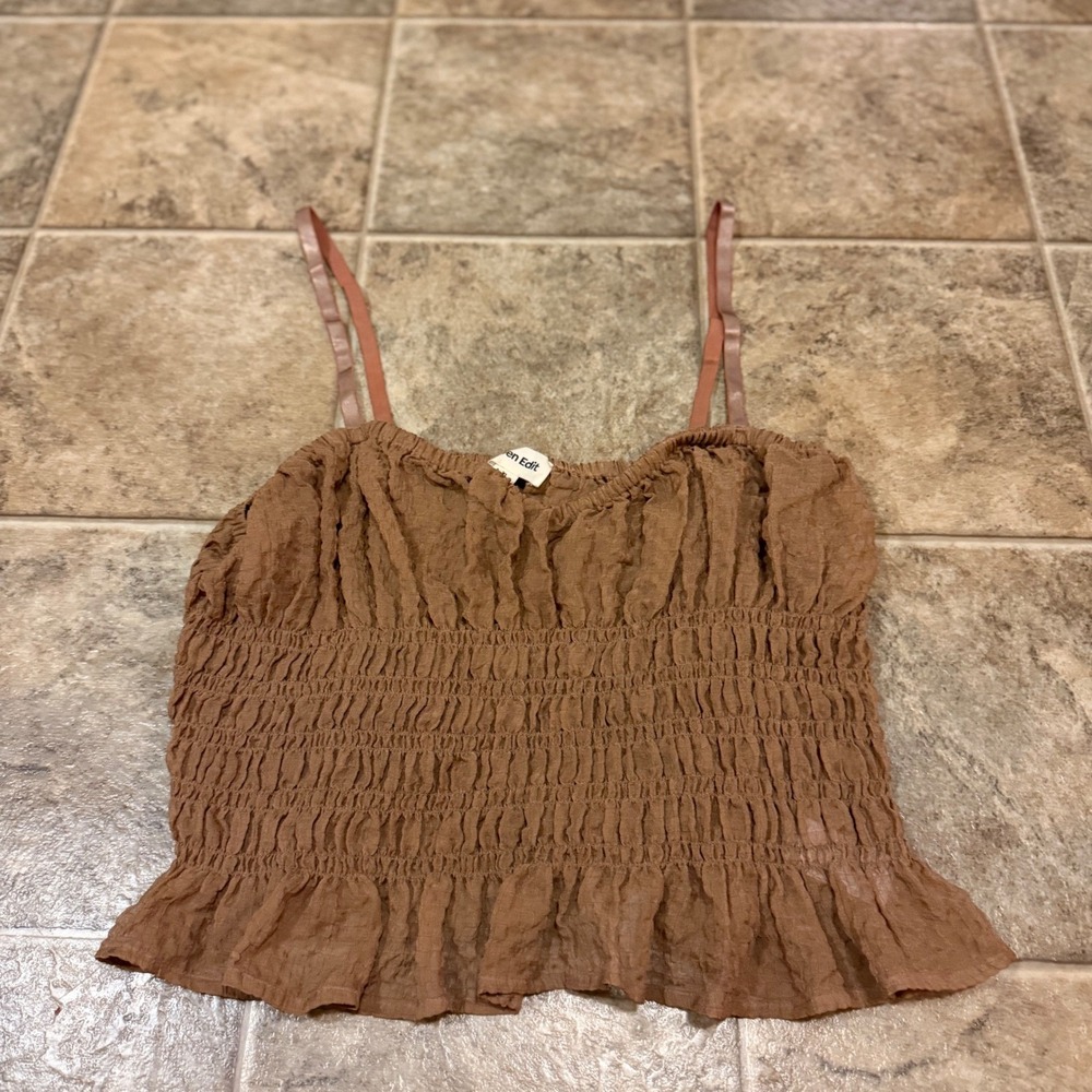 Open Edit Womens XL‎ Brown Smocked Ruffle Hem Camisole Spaghetti Strap Tank Top